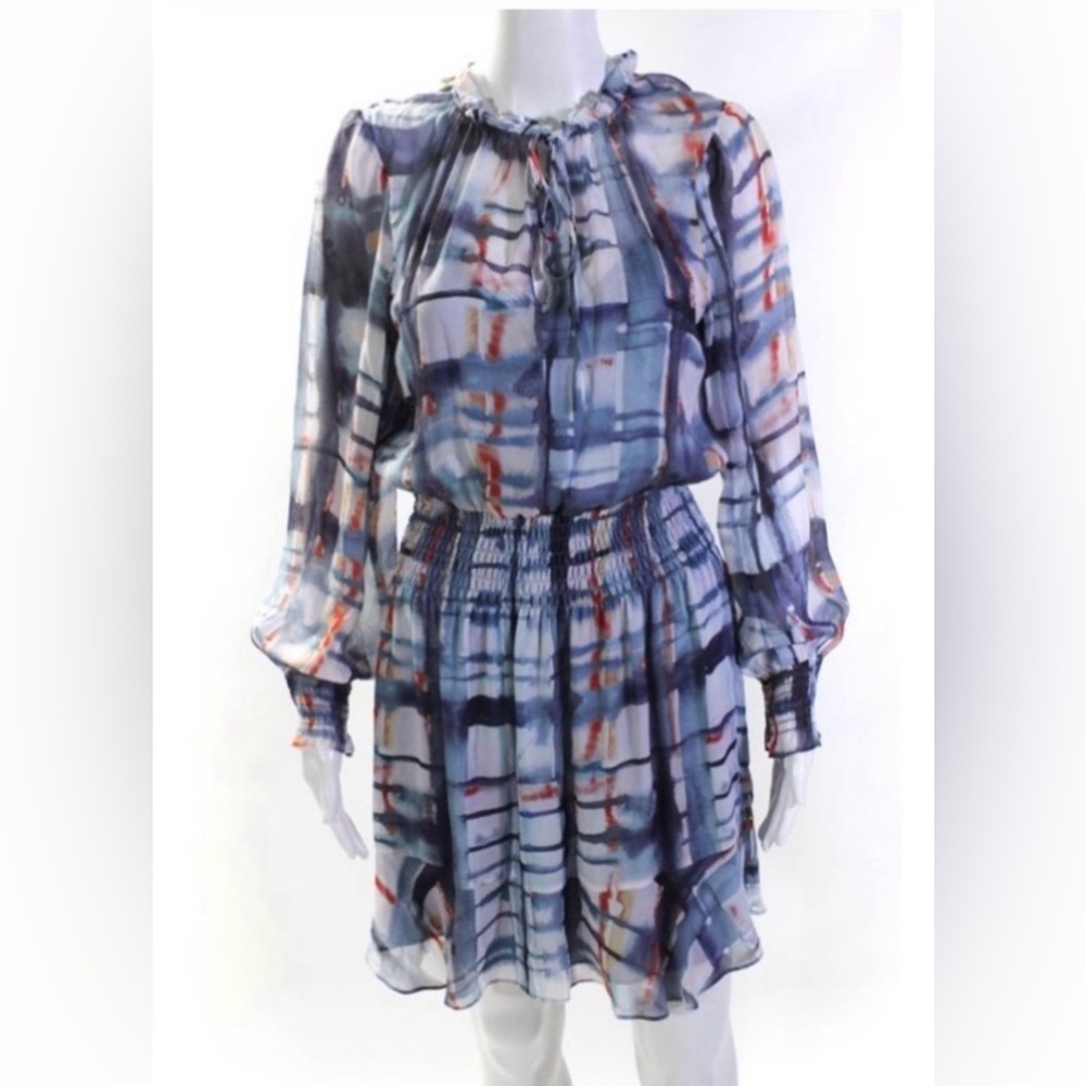 Parker silk printed blue watercolor plaid blouson mini dress. Size small
